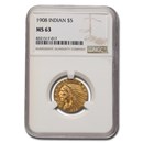 1908 $5 Indian Gold Half Eagle MS-63 NGC