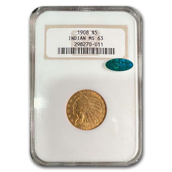 1908 $5 Indian Gold Half Eagle MS-63 NGC