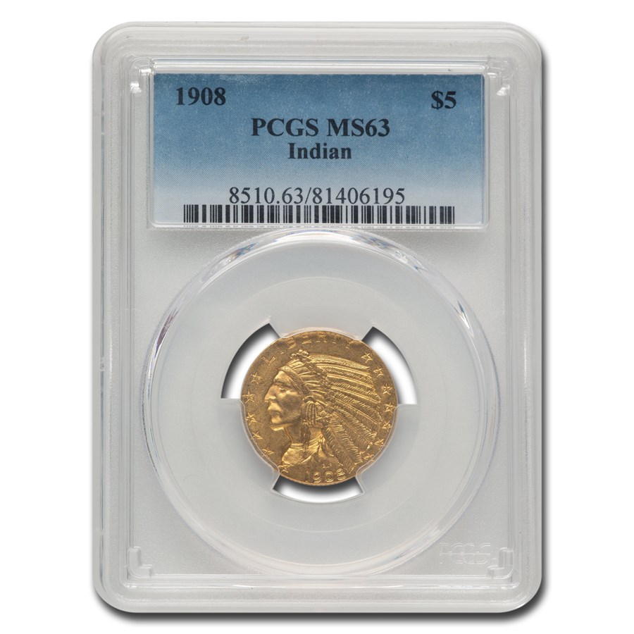 1908 $5 Indian Gold Half Eagle MS-63 PCGS