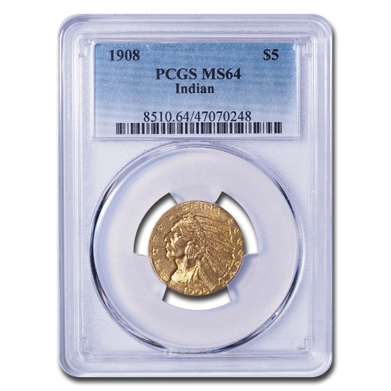 1908 $5 Indian Gold Half Eagle MS-64 PCGS 1908 $5 Indian Gold Half Eagle MS-64 PCGS