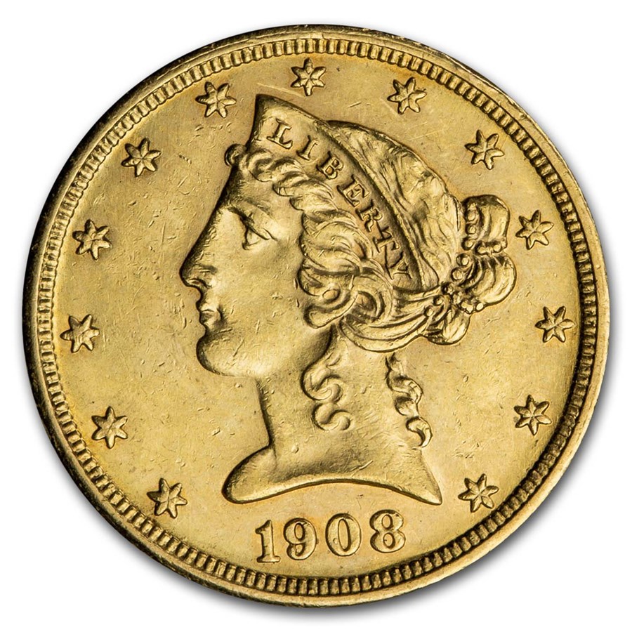 1908 $5 Liberty Gold Half Eagle AU