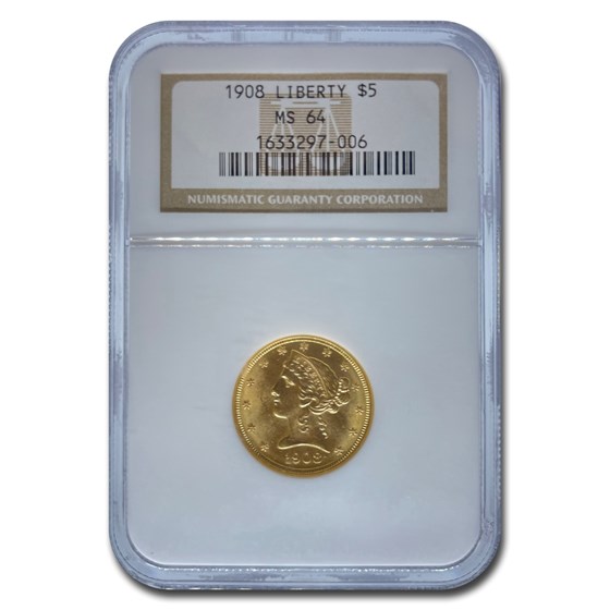 1908 $5 Liberty Gold Half Eagle MS-64 NGC 1908 $5 Liberty Gold Half Eagle MS-64 NGC