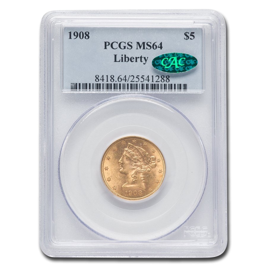 1908 $5 Liberty Gold Half Eagle MS-64 PCGS CAC