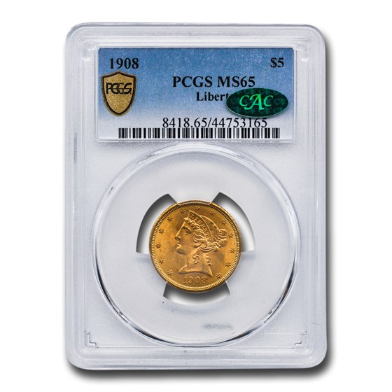 1908 $5 Liberty Gold Half Eagle MS-65 PCGS CAC 1908 $5 Liberty Gold Half Eagle MS-65 PCGS CAC
