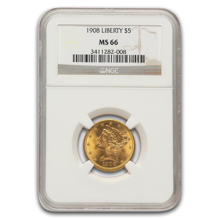 1908 $5 Liberty Gold Half Eagle MS-66 NGC