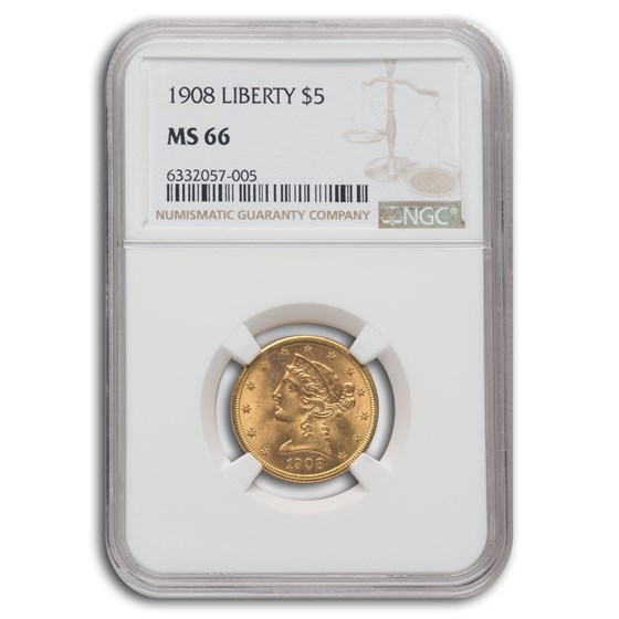 1908 $5 Liberty Gold Half Eagle MS-66 NGC