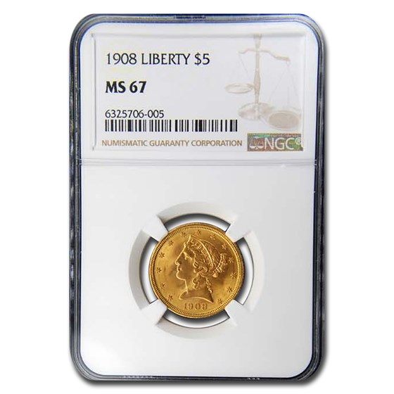 1908 $5 Liberty Gold Half Eagle MS-67 NGC