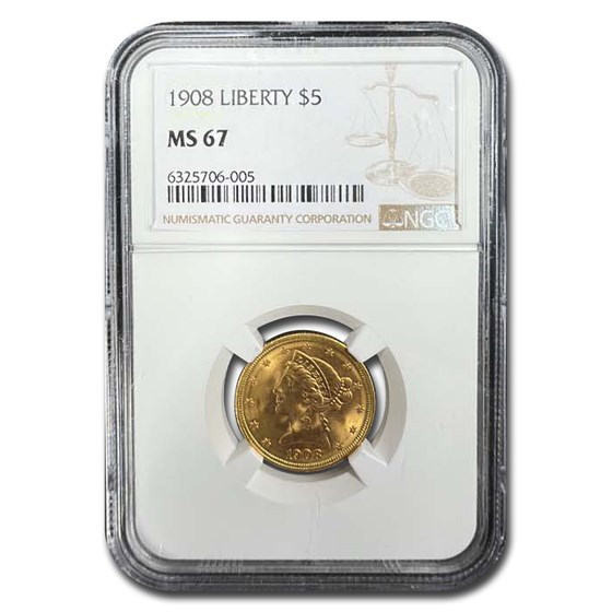 1908 $5 Liberty Gold Half Eagle MS-67 NGC 1908 $5 Liberty Gold Half Eagle MS-67 NGC
