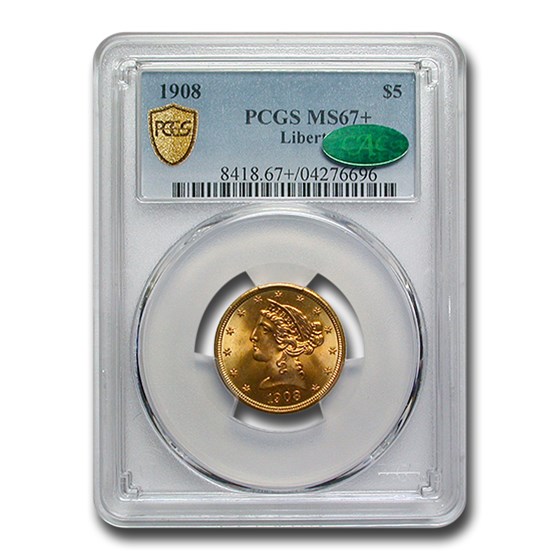 1908 $5 Liberty Gold Half Eagle MS-67+ PCGS CAC 1908 $5 Liberty Gold Half Eagle MS-67+ PCGS CAC
