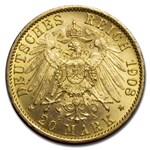 1908-A Germany Gold 20 Marks Prussia Wilhelm II BU