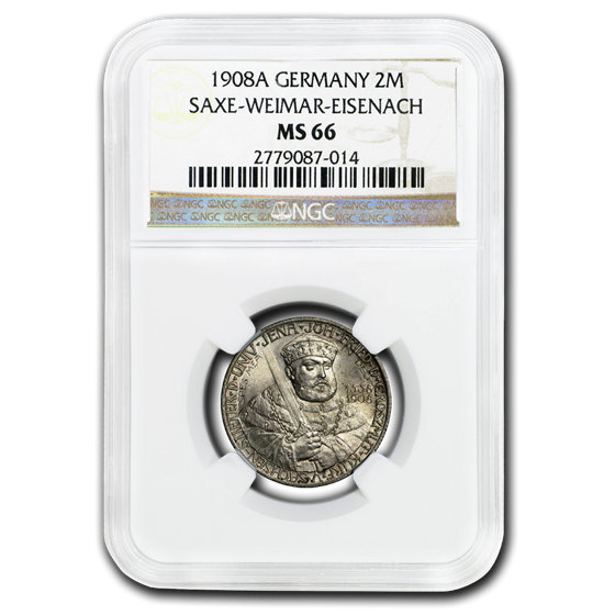 1908-A Germany/Saxe-Weimar-Eisenach Silver 2 Mark MS-66 NGC 1908-A Germany/Saxe-Weimar-Eisenach Silver 2 Mark MS-66 NGC