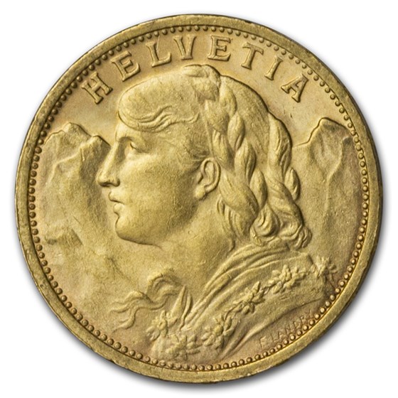 1908-B Swiss Gold 20 Francs Helvetia BU