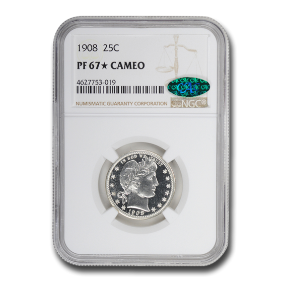 1908 Barber Quarter PF-67* Cameo NGC CAC 1908 Barber Quarter PF-67* Cameo NGC CAC
