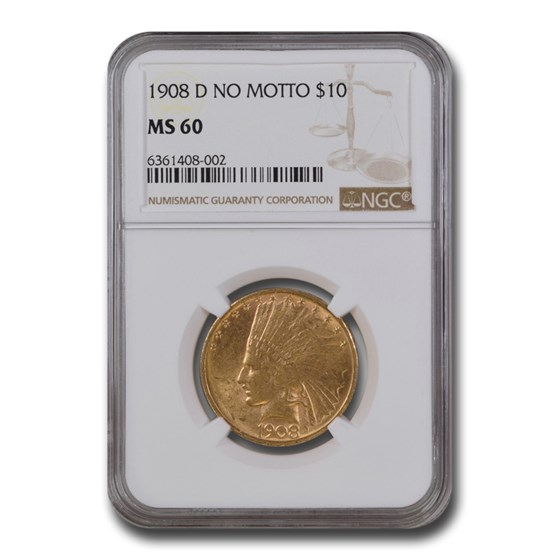 1908-D $10 Indian Gold Eagle No Motto MS-60 NGC 1908-D $10 Indian Gold Eagle No Motto MS-60 NGC