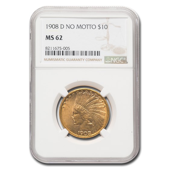 1908-D $10 Indian Gold Eagle No Motto MS-62 NGC 1908-D $10 Indian Gold Eagle No Motto MS-62 NGC