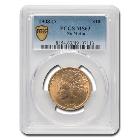 1908-D $10 Indian Gold Eagle No Motto MS-63 PCGS 1908-D $10 Indian Gold Eagle No Motto MS-63 PCGS