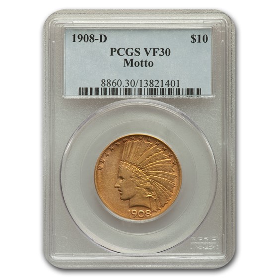1908-D $10 Indian Gold Eagle VF-30 PCGS (Motto) 1908-D $10 Indian Gold Eagle VF-30 PCGS (Motto)