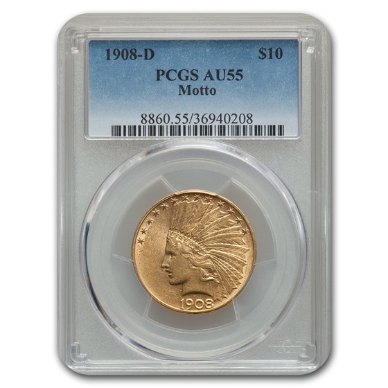 1908-D $10 Indian Gold Eagle w/Motto AU-55 PCGS 1908-D $10 Indian Gold Eagle w/Motto AU-55 PCGS