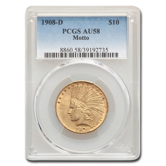 1908-D $10 Indian Gold Eagle w/Motto AU-58 PCGS 1908-D $10 Indian Gold Eagle w/Motto AU-58 PCGS