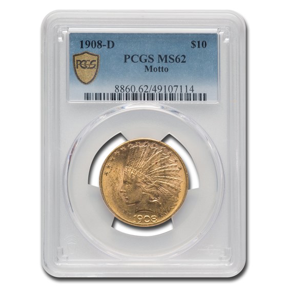 1908-D $10 Indian Gold Eagle w/Motto MS-62 PCGS 1908-D $10 Indian Gold Eagle w/Motto MS-62 PCGS