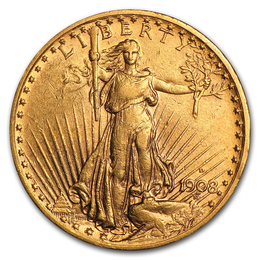 1908-D $20 Saint-Gaudens Gold Double Eagle w/Motto XF