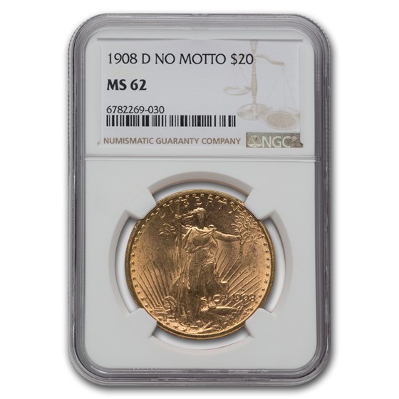 1908-D $20 Saint-Gaudens Gold No Motto MS-62 NGC 1908-D $20 Saint-Gaudens Gold No Motto MS-62 NGC