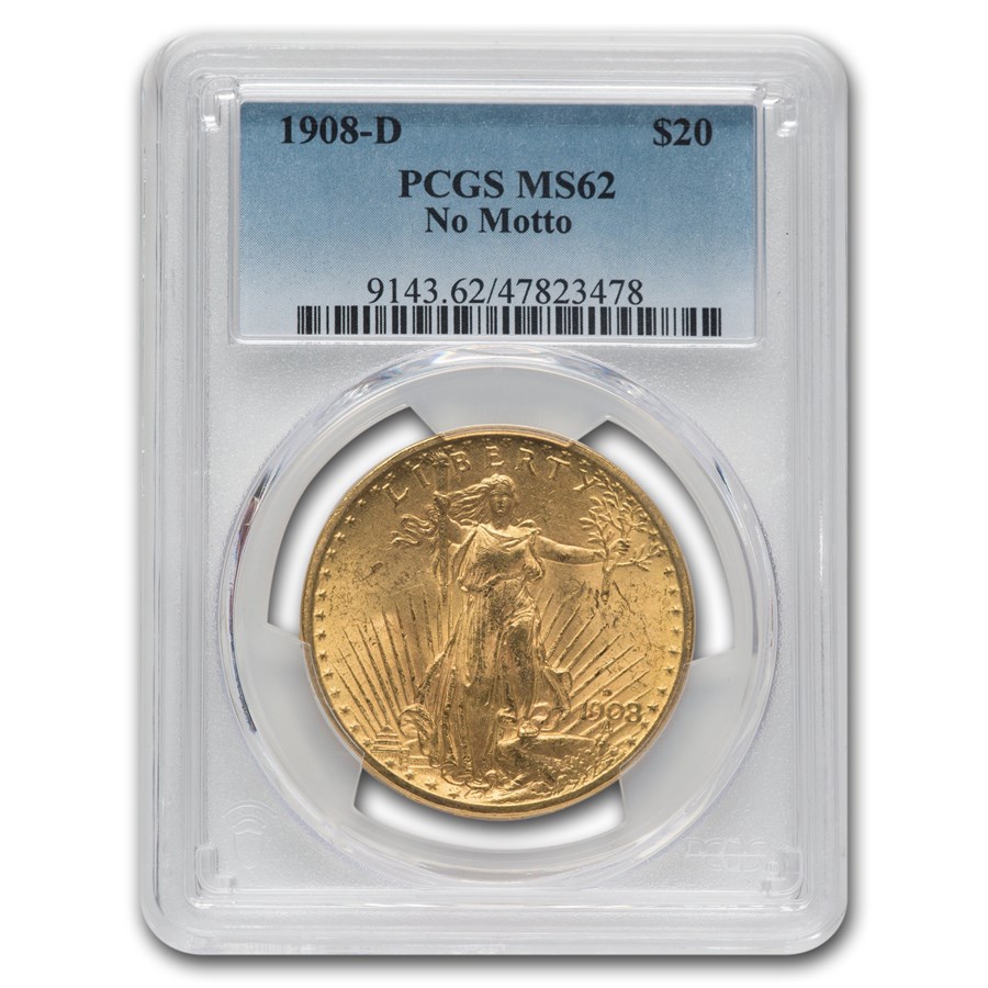 1908-D $20 Saint-Gaudens Gold No Motto MS-62 PCGS