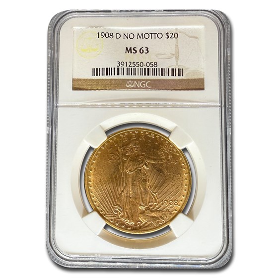 1908-D $20 Saint-Gaudens Gold No Motto MS-63 NGC 1908-D $20 Saint-Gaudens Gold No Motto MS-63 NGC