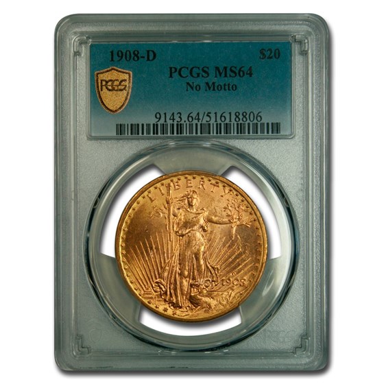 1908-D $20 Saint-Gaudens Gold No Motto MS-64 PCGS 1908-D $20 Saint-Gaudens Gold No Motto MS-64 PCGS