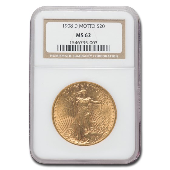 1908-D $20 Saint-Gaudens Gold w/Motto MS-62 NGC 1908-D $20 Saint-Gaudens Gold w/Motto MS-62 NGC