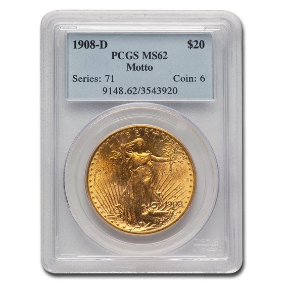 1908-D $20 Saint-Gaudens Gold w/Motto MS-62 PCGS 1908-D $20 Saint-Gaudens Gold w/Motto MS-62 PCGS