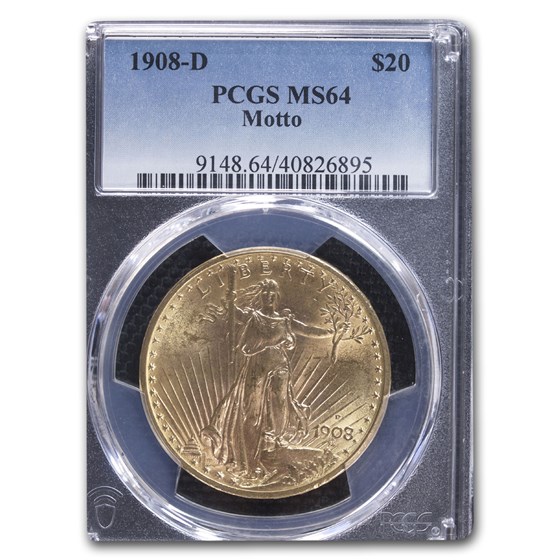 1908-D $20 Saint-Gaudens Gold w/Motto MS-64 PCGS