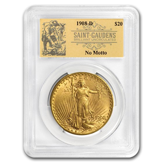 1908-D $20 St Gaudens Dbl Eagle No Motto BU PCGS Prospector Label 1908-D $20 St Gaudens Dbl Eagle No Motto BU PCGS Prospector Label
