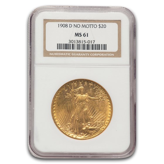 1908-D $20 St Gaudens Gold Double Eagle No Motto MS-61 NGC