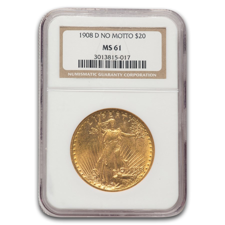 1908-D $20 St Gaudens Gold Double Eagle No Motto MS-61 NGC