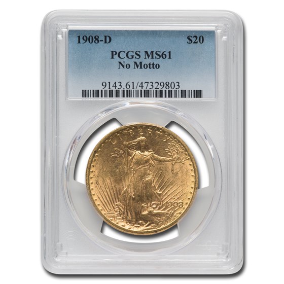1908-D $20 St Gaudens Gold Double Eagle No Motto MS-61 PCGS 1908-D $20 St Gaudens Gold Double Eagle No Motto MS-61 PCGS