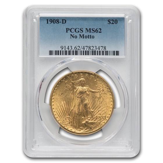 1908-D $20 St Gaudens Gold Double Eagle No Motto MS-62 PCGS 1908-D $20 St Gaudens Gold Double Eagle No Motto MS-62 PCGS