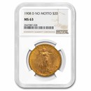 1908-D $20 St Gaudens Gold Double Eagle No Motto MS-63 NGC