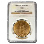 1908-D $20 St Gaudens Gold Double Eagle No Motto MS-63 NGC