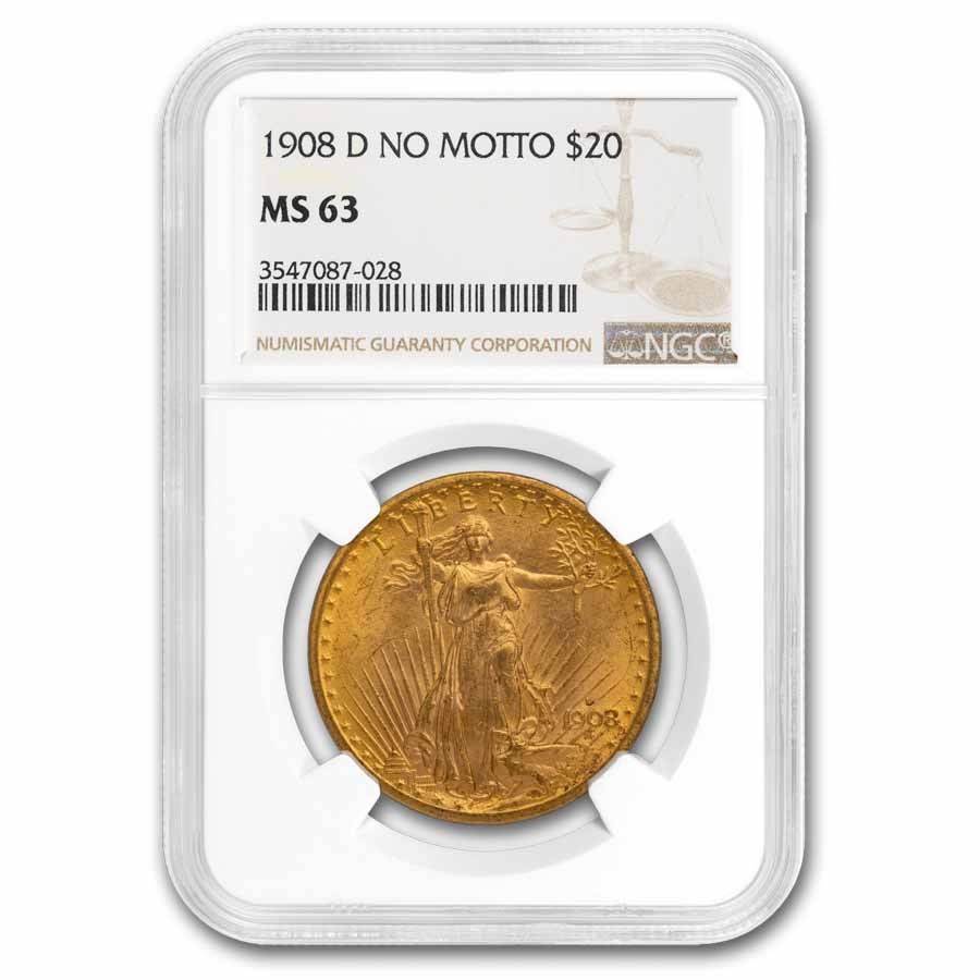 1908-D $20 St Gaudens Gold Double Eagle No Motto MS-63 NGC