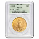 1908-D $20 St Gaudens Gold Double Eagle No Motto MS-63 PCGS