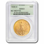 1908-D $20 St Gaudens Gold Double Eagle No Motto MS-63 PCGS