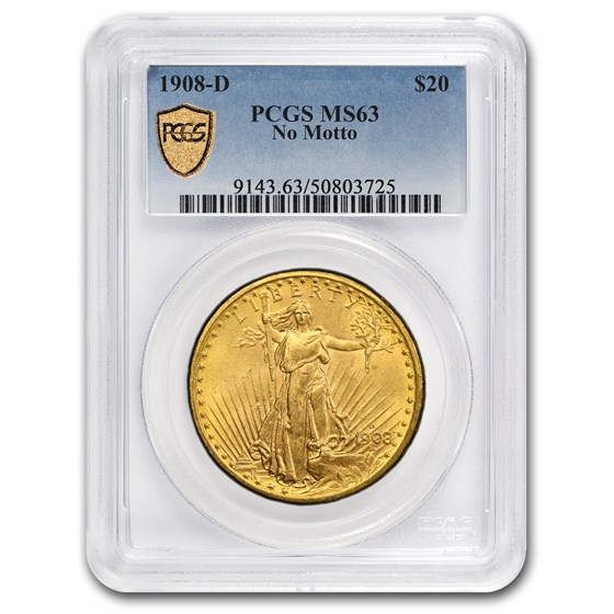 1908-D $20 St Gaudens Gold Double Eagle No Motto MS-63 PCGS 1908-D $20 St Gaudens Gold Double Eagle No Motto MS-63 PCGS