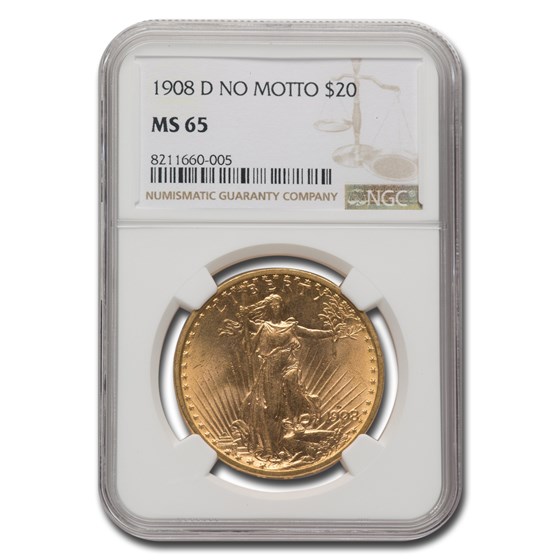 1908-D $20 St Gaudens Gold Double Eagle No Motto MS-65 NGC 1908-D $20 St Gaudens Gold Double Eagle No Motto MS-65 NGC