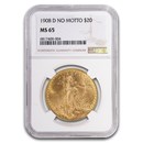 1908-D $20 St Gaudens Gold Double Eagle No Motto MS-65 NGC