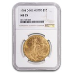 1908-D $20 St Gaudens Gold Double Eagle No Motto MS-65 NGC