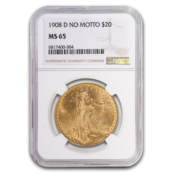 1908-D $20 St Gaudens Gold Double Eagle No Motto MS-65 NGC