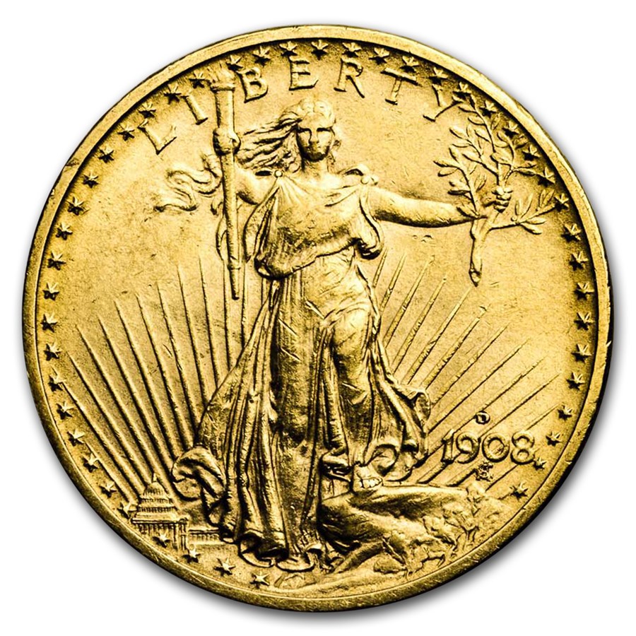 1908-D $20 St Gaudens Gold Double Eagle No Motto XF