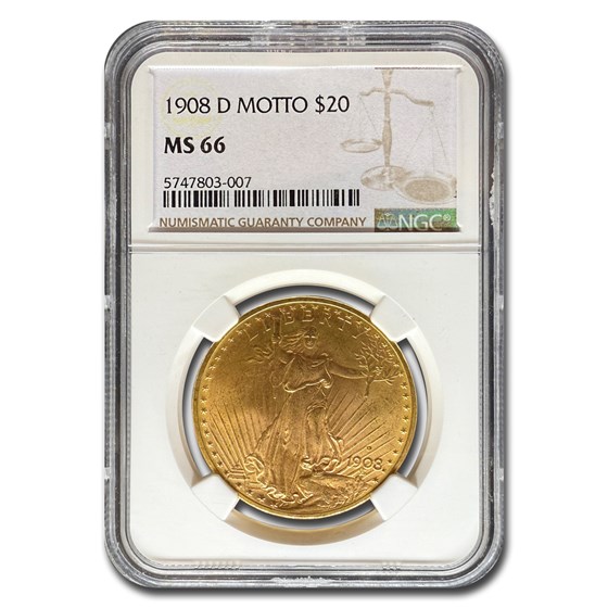 1908-D $20 St Gaudens Gold Double Eagle w/Motto MS-66 NGC 1908-D $20 St Gaudens Gold Double Eagle w/Motto MS-66 NGC