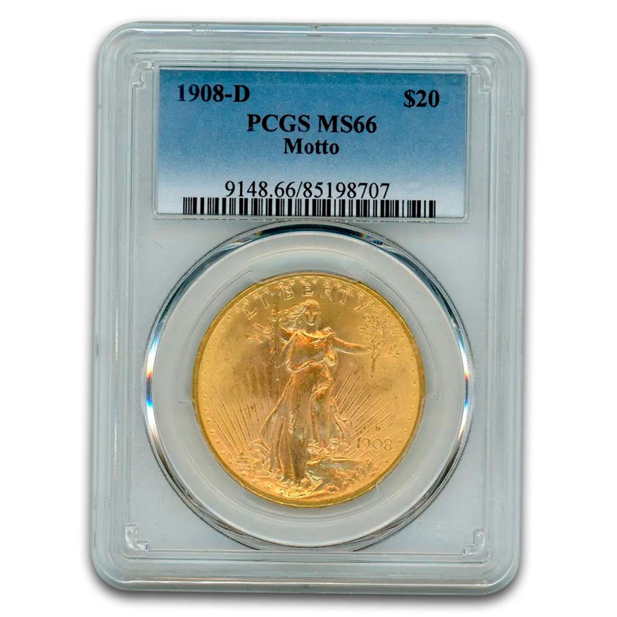 1908-D $20 St Gaudens Gold Double Eagle w/Motto MS-66 PCGS